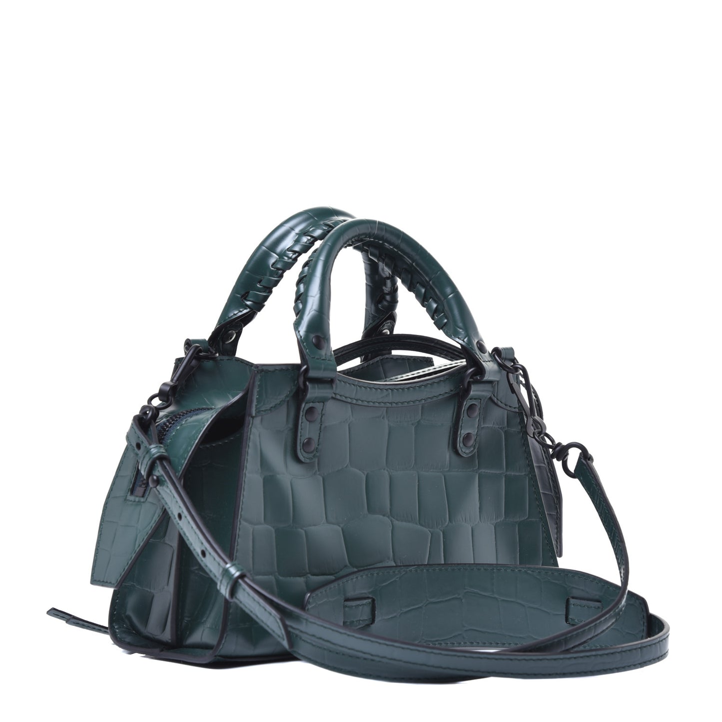 Semi Shiny Calfskin Crocodile Embossed Neo Classic Black Hardware Mini City Forest Green