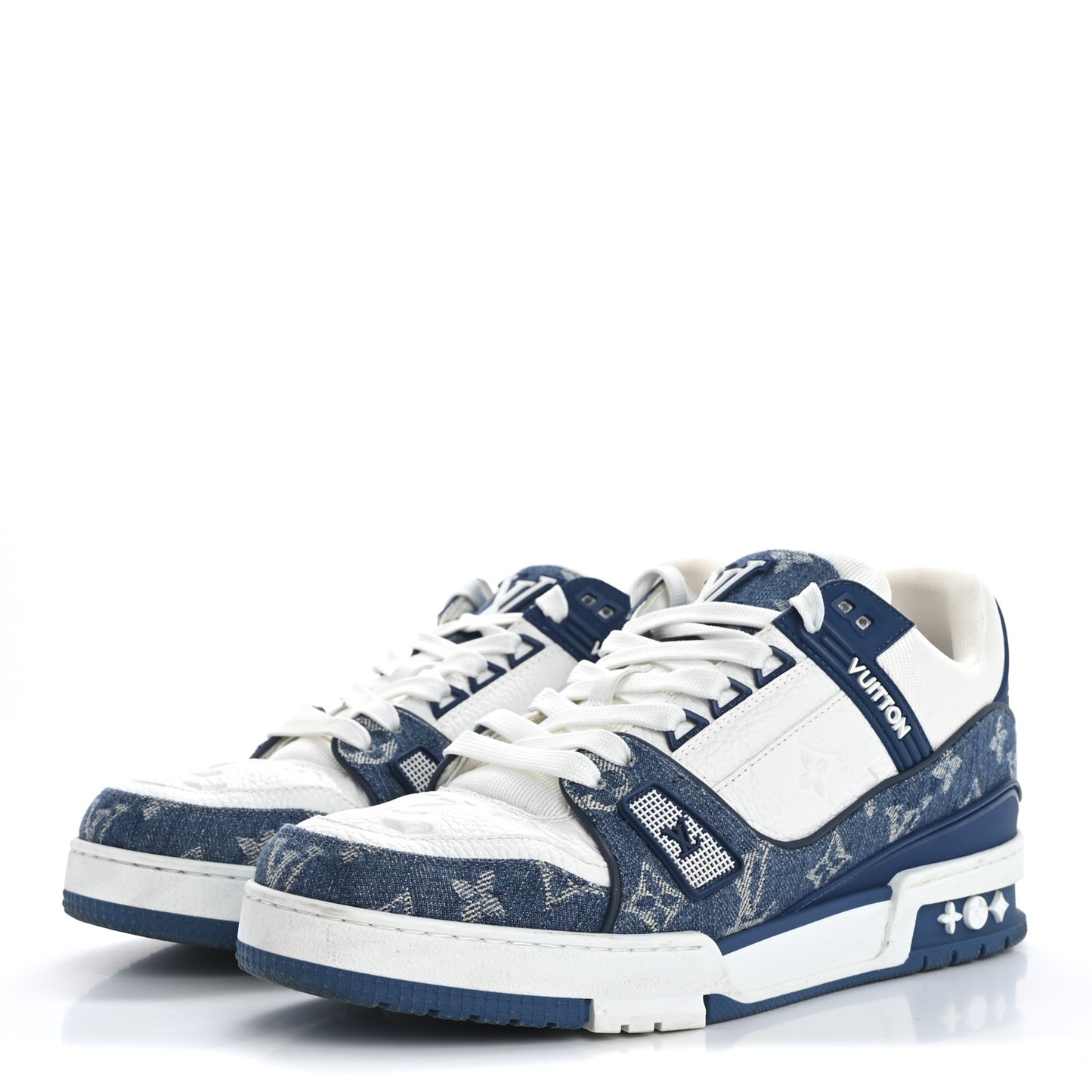 Calfskin Embossed Monogram Denim Mens LV Trainer Sneakers 7.5 Blue