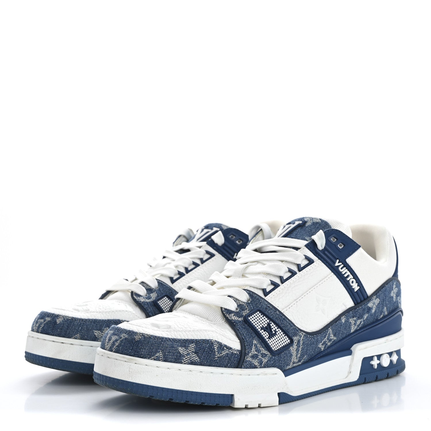 Louis Vuitton Calfskin Embossed Monogram Denim Mens LV Trainer Sneakers 7.5 Blue 4 of 13
