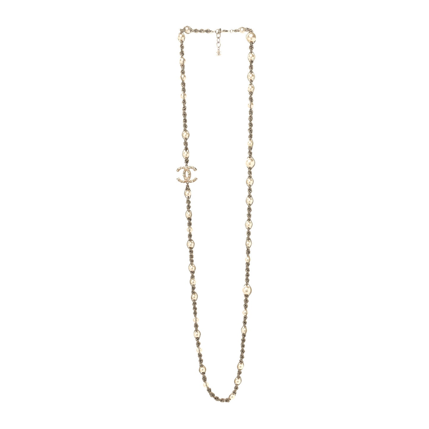 Pearl Crystal Bead Chain CC Long Necklace Gold