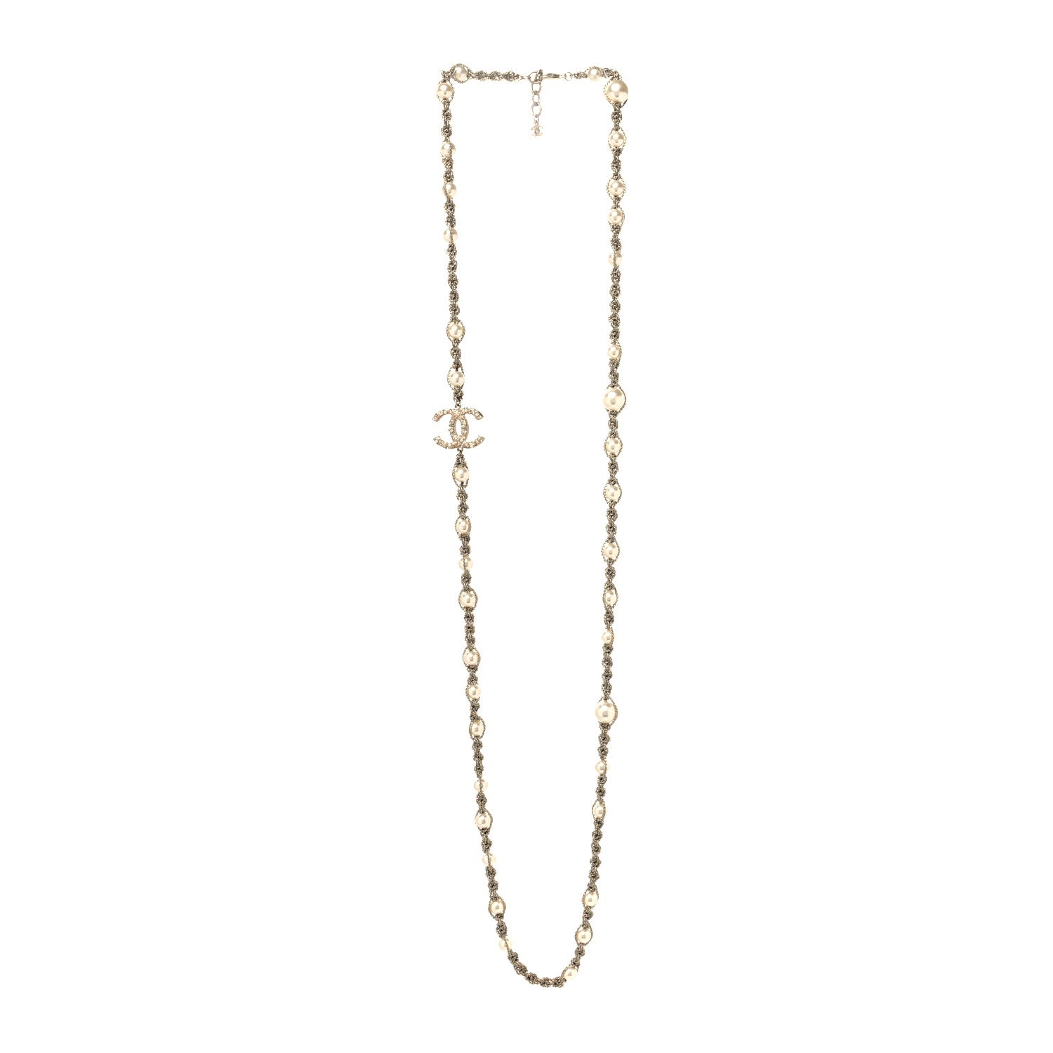 Chanel Pearl Crystal Bead Chain CC Long Necklace Gold 3 of 5