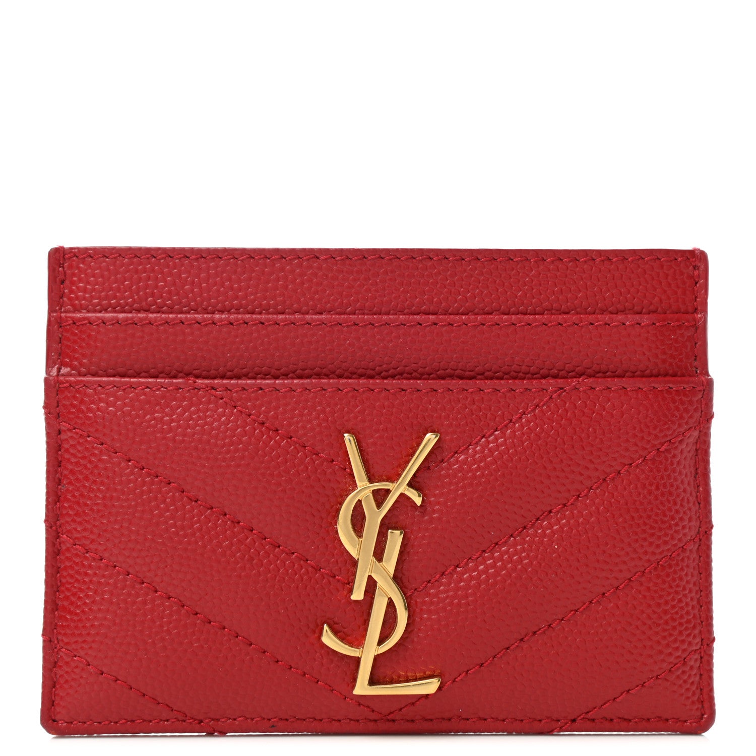 Saint Laurent Grain De Poudre Matelasse Chevron Monogram Credit Card Case New Red 1 of 7