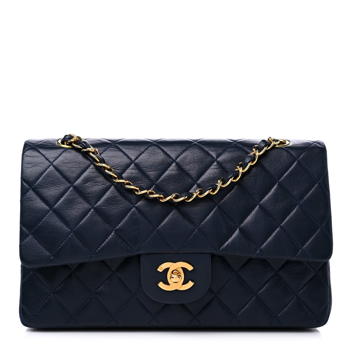 Lambskin Quilted Medium Double Flap Navy