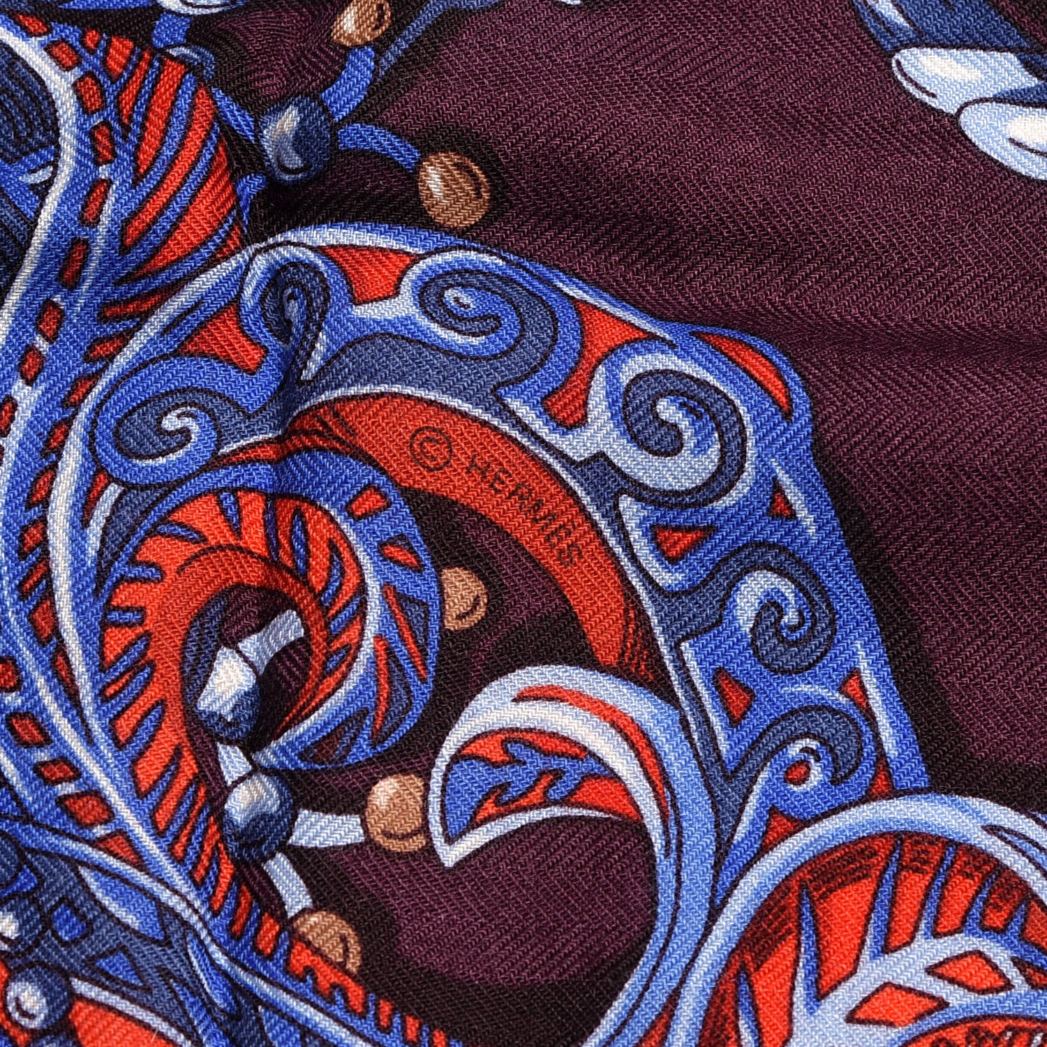 Hermes Cashmere Silk Zenobie Reine De Palmyre Shawl 140 Aubergine Bleu Dur Rouge 3 of 5