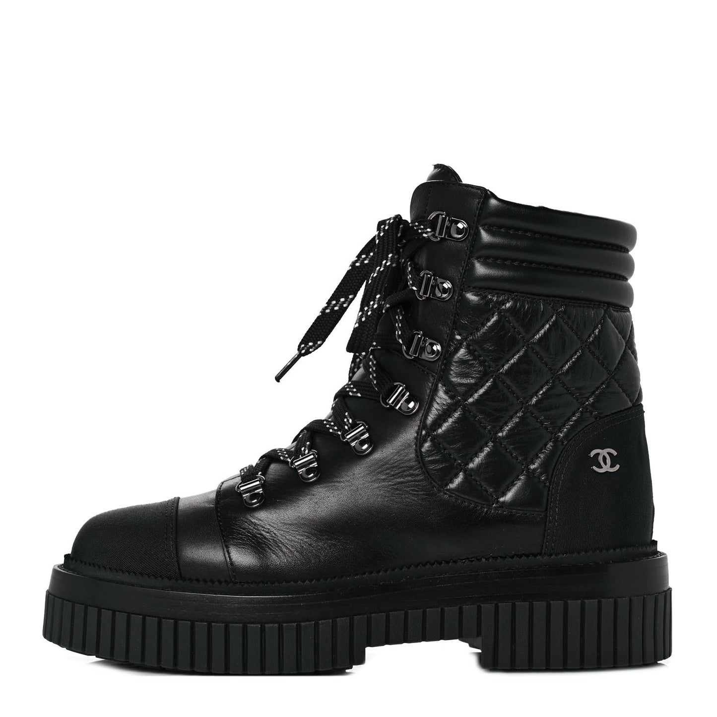 Calfskin Grosgrain Quilted Lace Up Boots 38 Black Grey