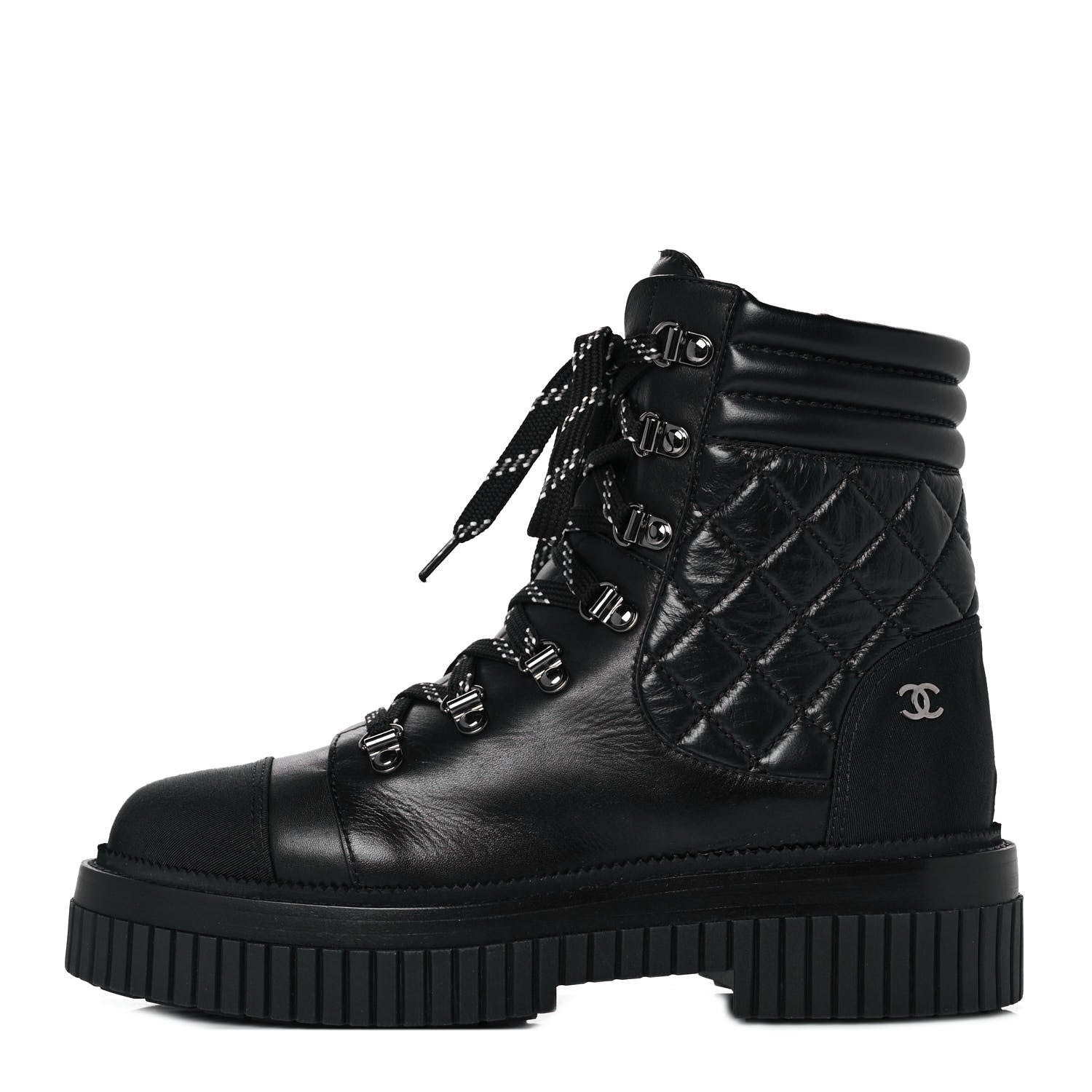 Chanel Calfskin Grosgrain Quilted Lace Up Boots 38 Black Grey 1 of 7