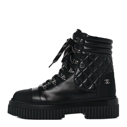 Chanel Calfskin Grosgrain Quilted Lace Up Boots 38 Black Grey 1 of 7