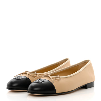 Chanel Lambskin Cap Toe Ballerina Flats 39.5 Beige Black 3 of 9