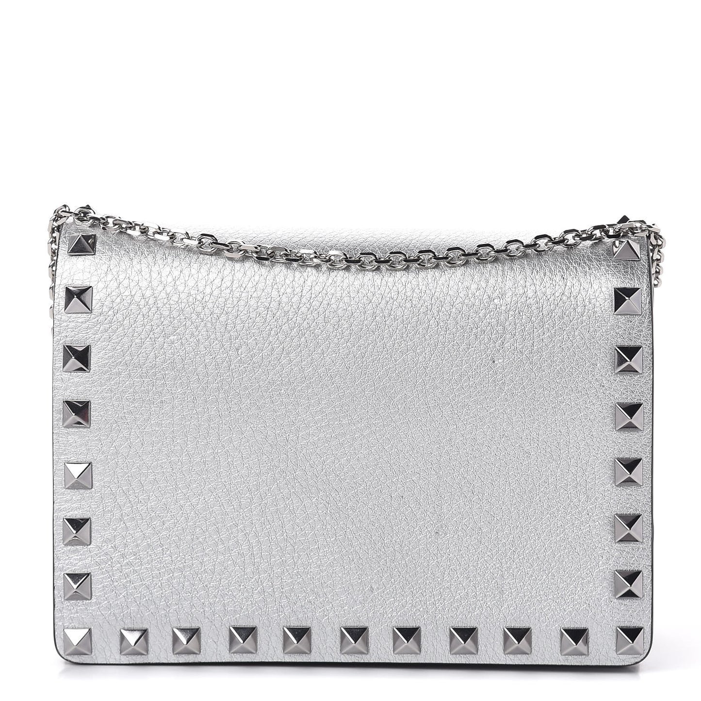 Metallic Pebbled Calfskin Rockstud Wallet on Chain Silver