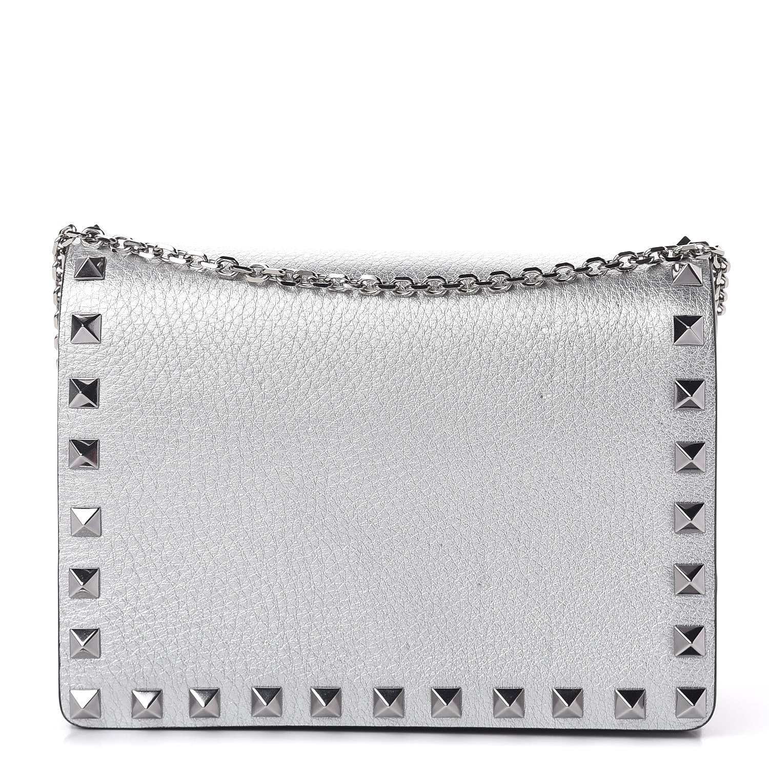 Valentino Garavani Metallic Pebbled Calfskin Rockstud Wallet on Chain Silver 1 of 9