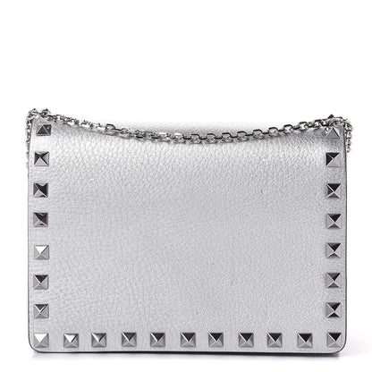 Valentino Garavani Metallic Pebbled Calfskin Rockstud Wallet on Chain Silver 1 of 9