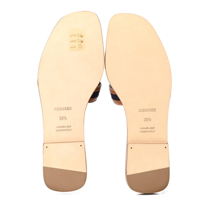 Hermes Calfskin Denim Oran Sandals 38.5 Bleu Brut Gold 5 of 8