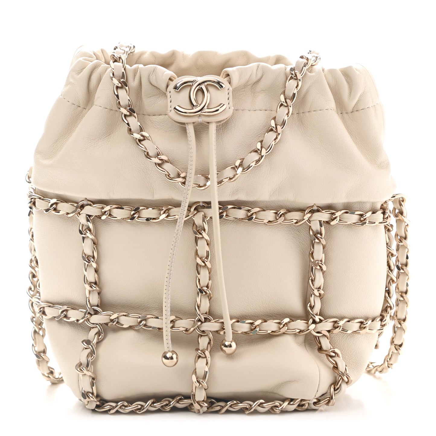 Lambskin Bucket Chain Drawstring Bag Beige