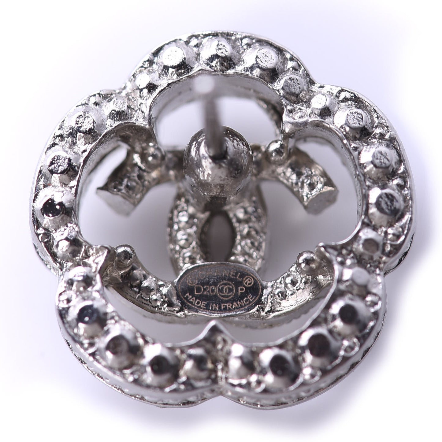 Crystal Coco Flapper Camellia CC Stud Earrings Silver