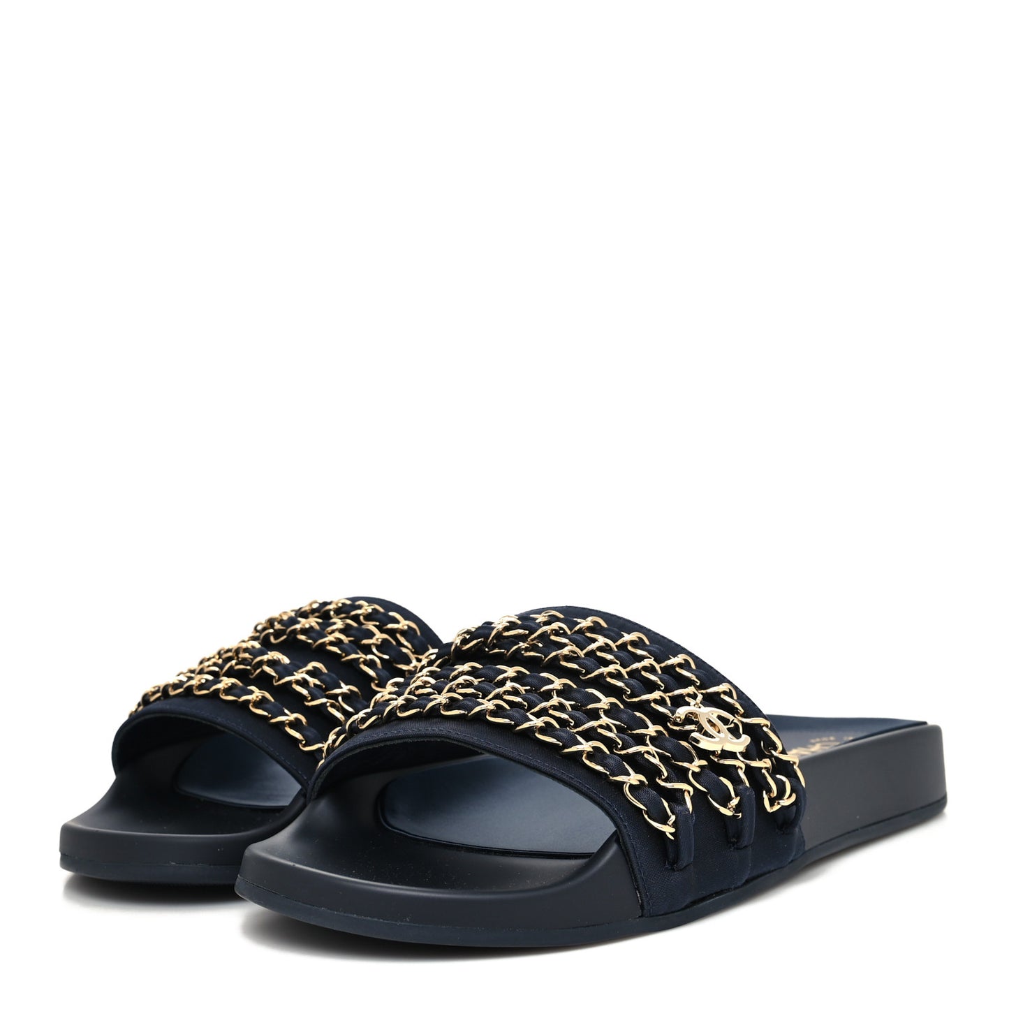 Satin Canvas Chain Slides Sandals Flats 41 Marine