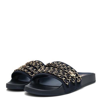 Chanel Satin Canvas Chain Slides Sandals Flats 41 Marine 3 of 8