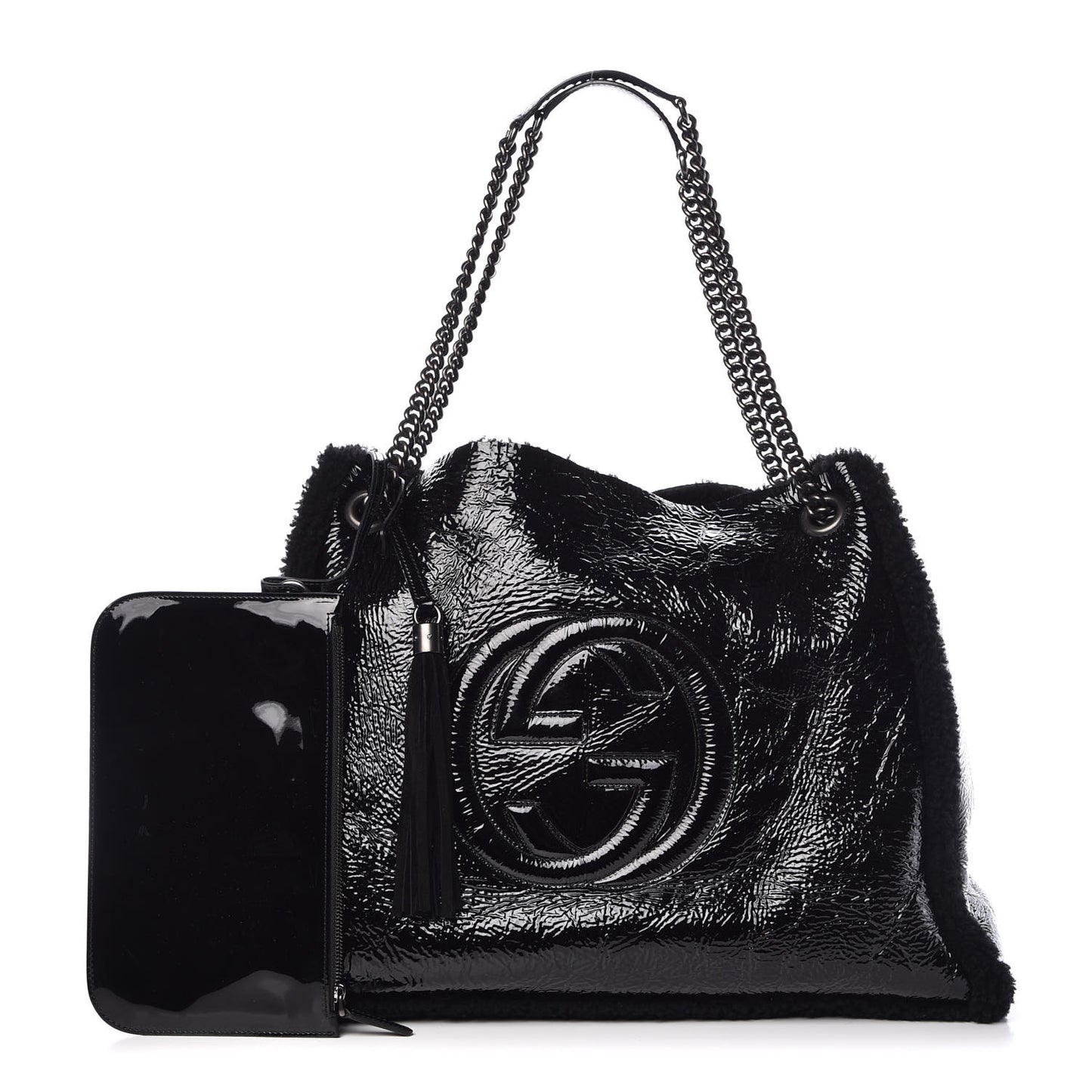 Patent Shearling Large Soho Chain Shoulder Bag Black