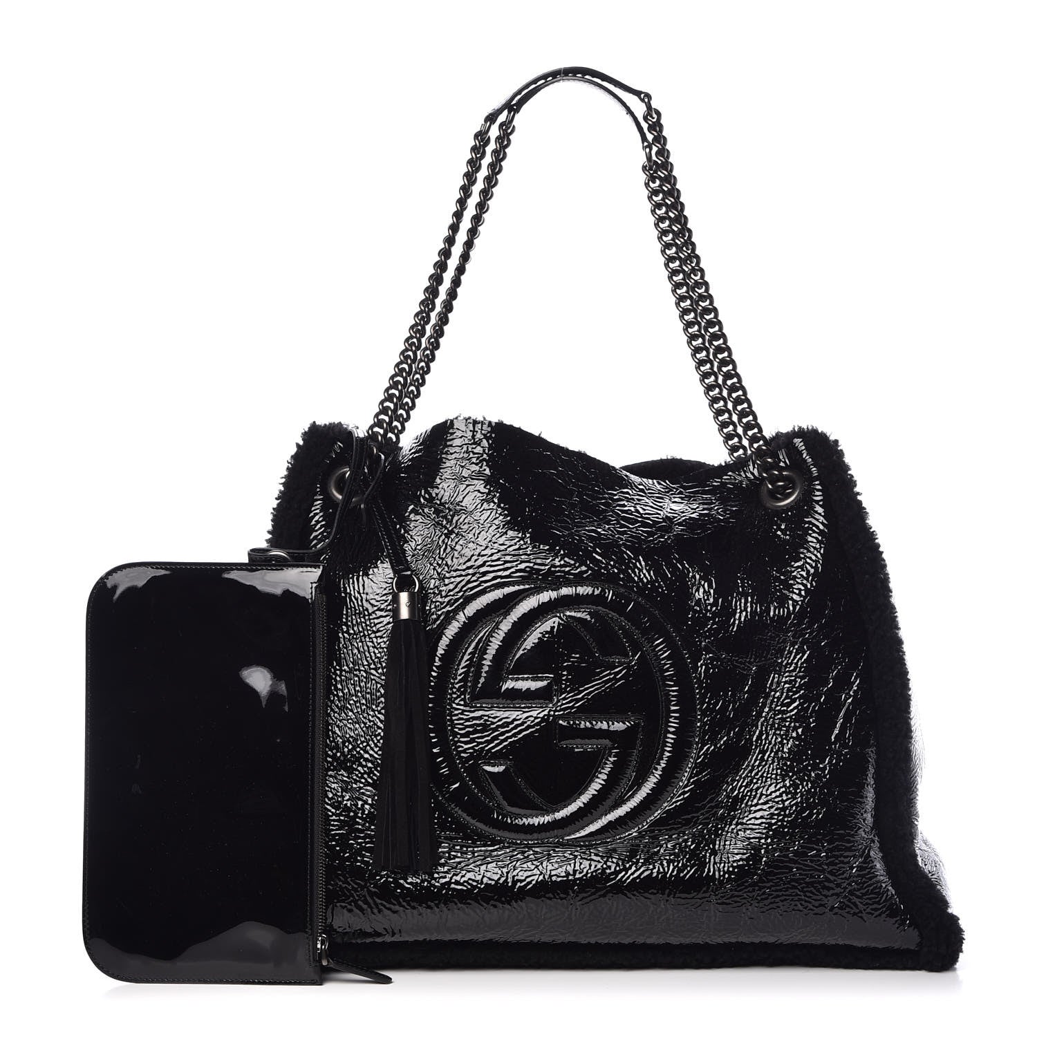 Gucci Patent Shearling Large Soho Chain Shoulder Bag Black 3 of 13