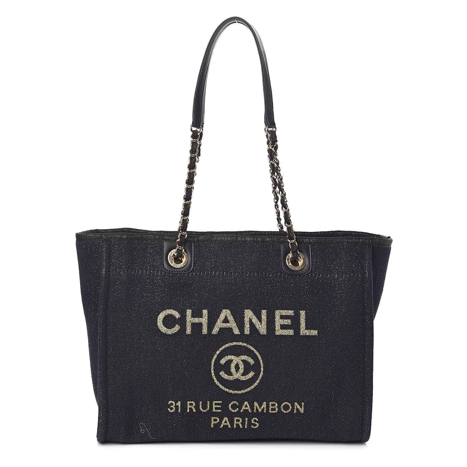 Chanel Lurex Canvas Small Deauville Tote Navy Blue Gold 1 of 11