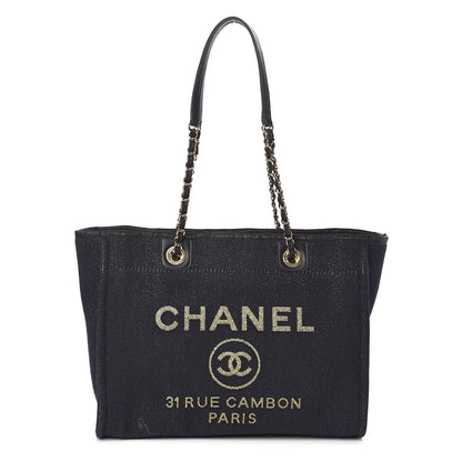 Chanel Lurex Canvas Small Deauville Tote Navy Blue Gold 1 of 11