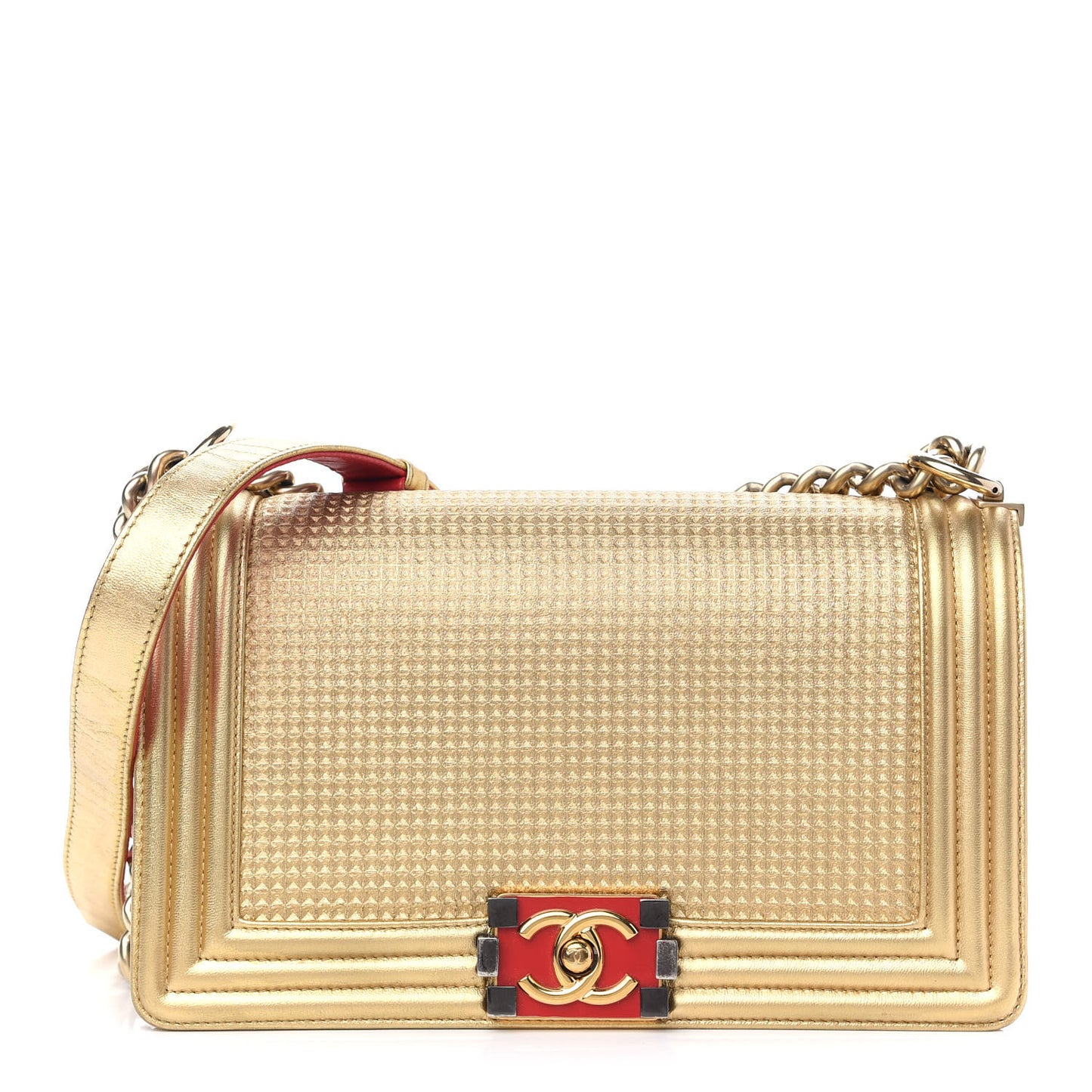 Metallic Lambskin Embossed Medium Cube Boy Flap Gold