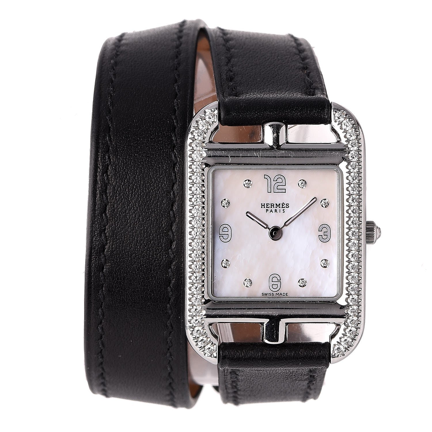 Hermes Stainless Steel Barenia Diamond Bezel Mother of Pearl 23mm Cape Cod Double Tour Quartz Watch Noir 1 of 10
