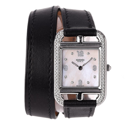 Hermes Stainless Steel Barenia Diamond Bezel Mother of Pearl 23mm Cape Cod Double Tour Quartz Watch Noir 1 of 10