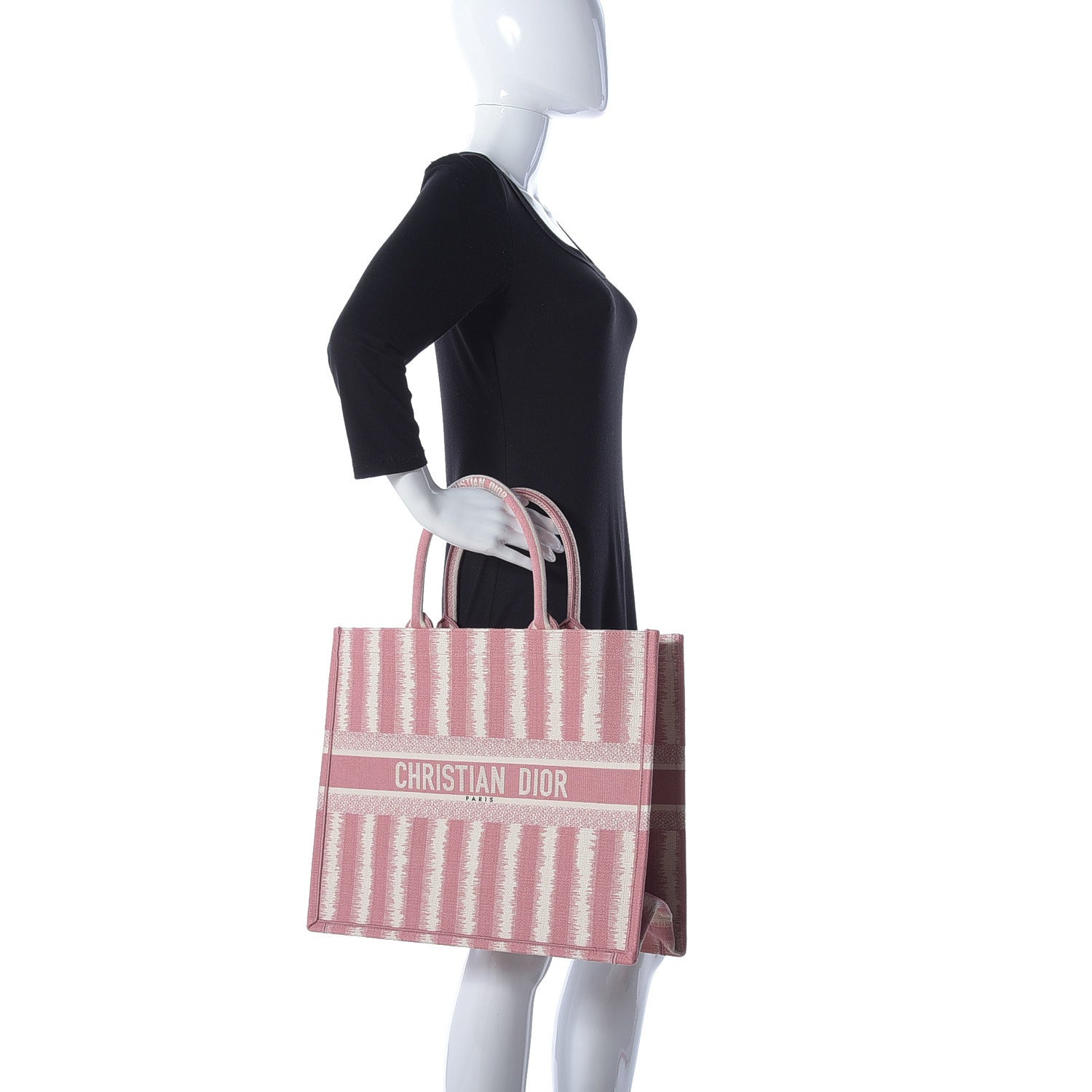 Christian Dior Canvas Embroidered Large Striped Book Tote Pink 2 of 11