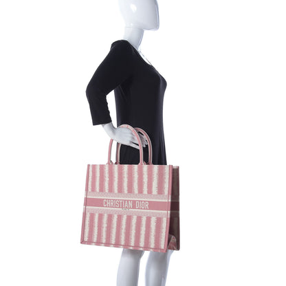 Christian Dior Canvas Embroidered Large Striped Book Tote Pink 2 of 11