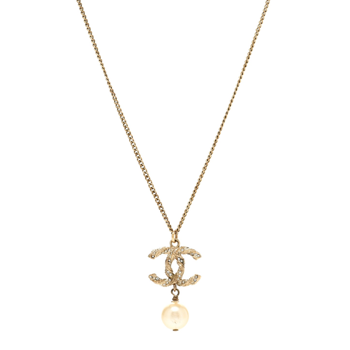 Pearl Crystal CC Drop Necklace Gold