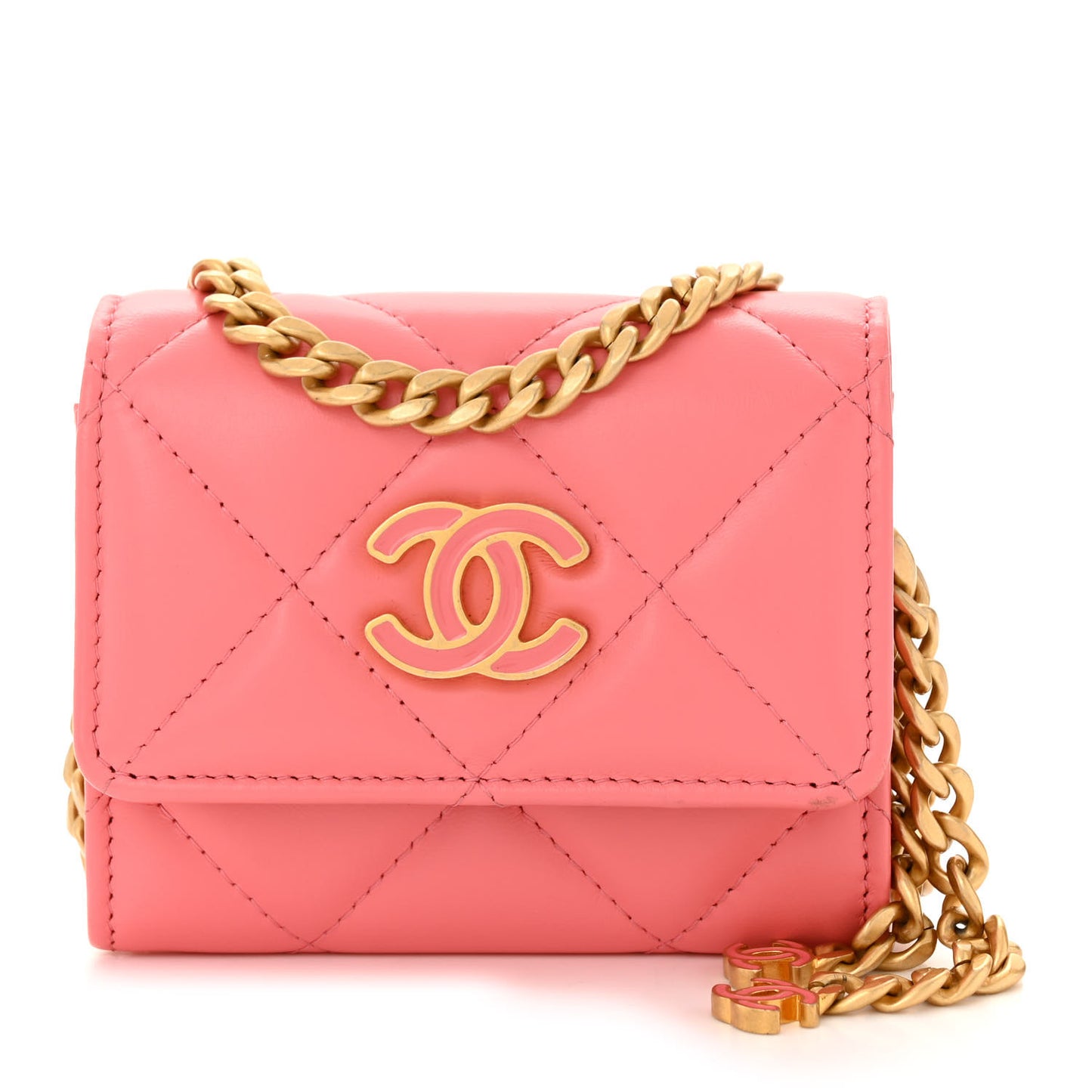 Lambskin Enamel Quilted Pending CC Card Holder On Chain Pink