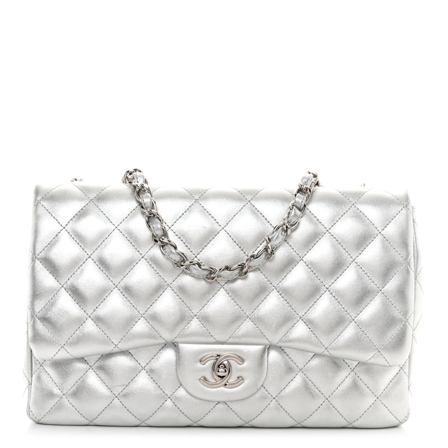 Metallic Lambskin Quilted Jumbo Single Flap Silver