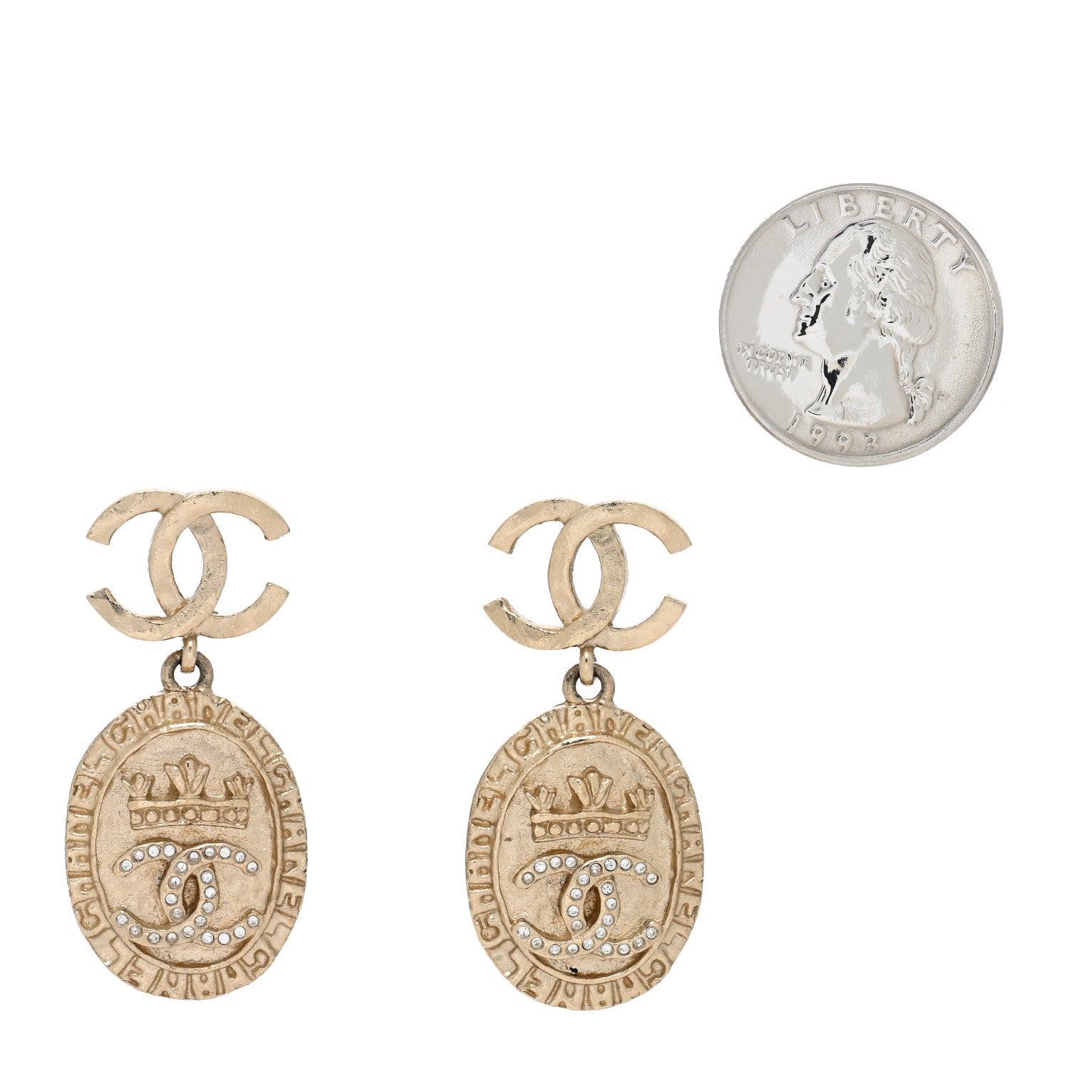 Chanel Crystal CC Medallion Drop Earrings Gold 2 of 4