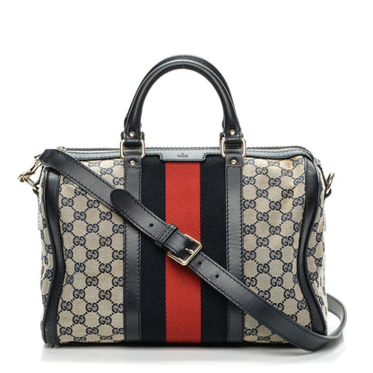 Gucci Monogram Selleria Calfskin Vintage Web Medium Boston Beige Blue 1 of 9