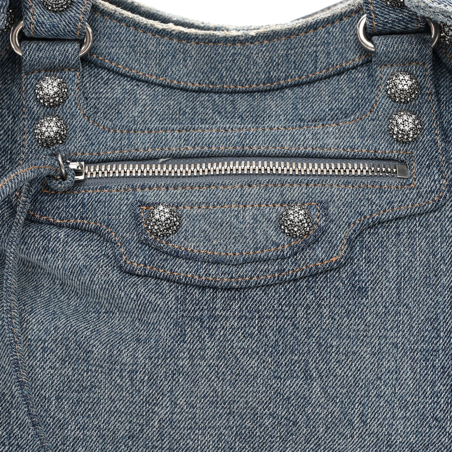 Washed Frayed Denim Crystal Neo Cagole City Handbag Blue