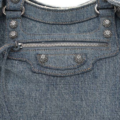 Balenciaga Washed Frayed Denim Crystal Neo Cagole City Handbag Blue 9 of 13
