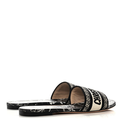 Christian Dior Canvas Around the World Embroidered Dway Flat Slide Sandals 38 Black White 4 of 9