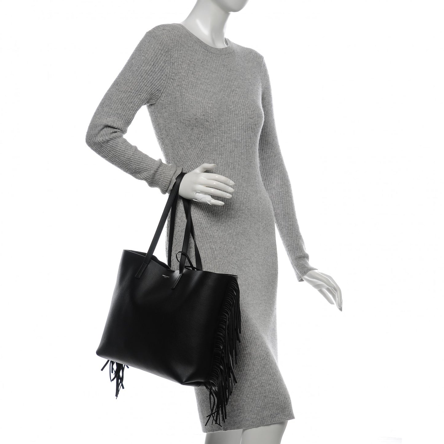 Calfskin Large Fringe Shopping Tote Black