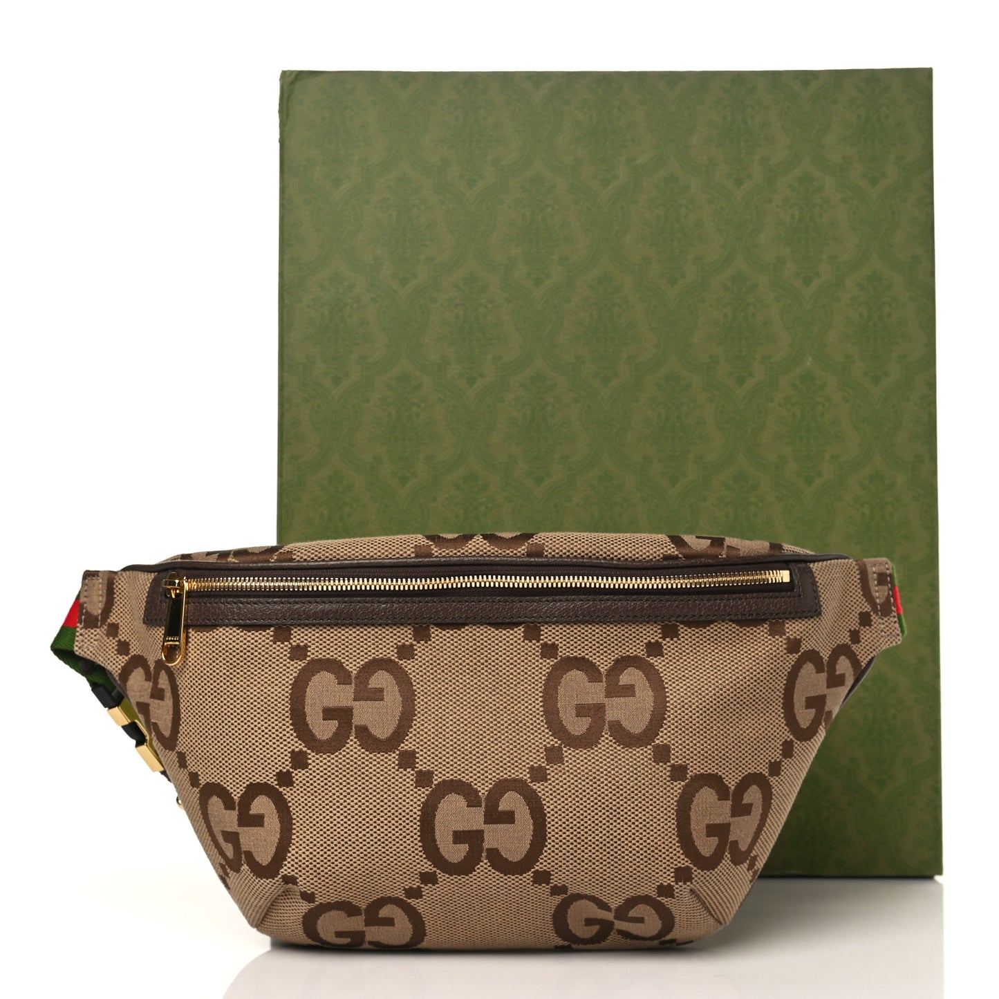 Monogram Jumbo GG Textured Dollar Calfskin Web Belt Bag Camel Ebony New Acero