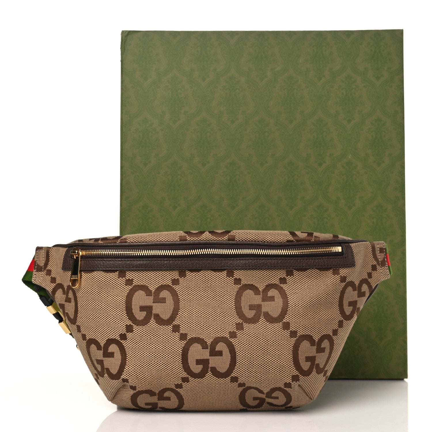 Gucci Monogram Jumbo GG Textured Dollar Calfskin Web Belt Bag Camel Ebony New Acero 9 of 9