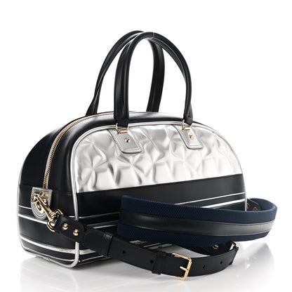 Christian Dior Padded Etoile Calfskin Embossed Medium Dior Vibe Zip Bowling Bag Silver Black 3 of 17