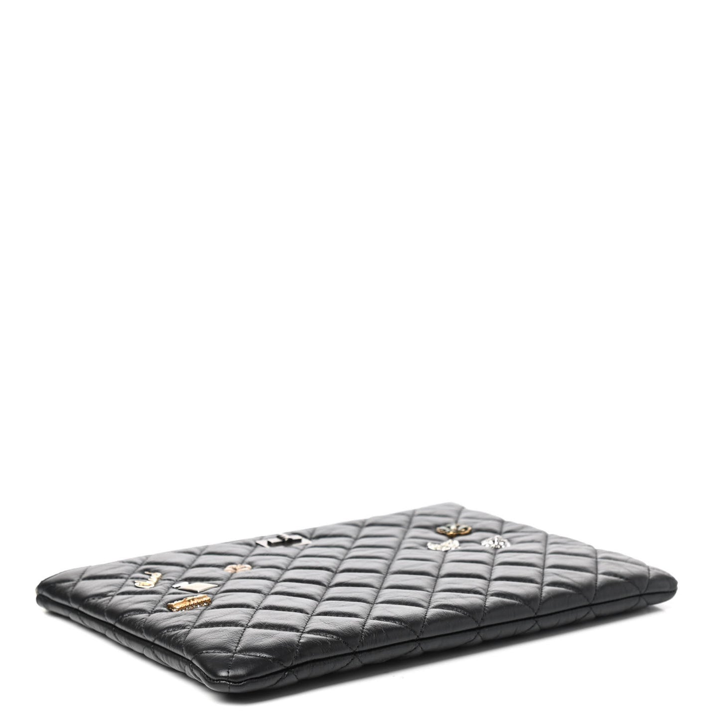 Aged Calfskin Quilted Medium Lucky Charms Cosmetic Case Black