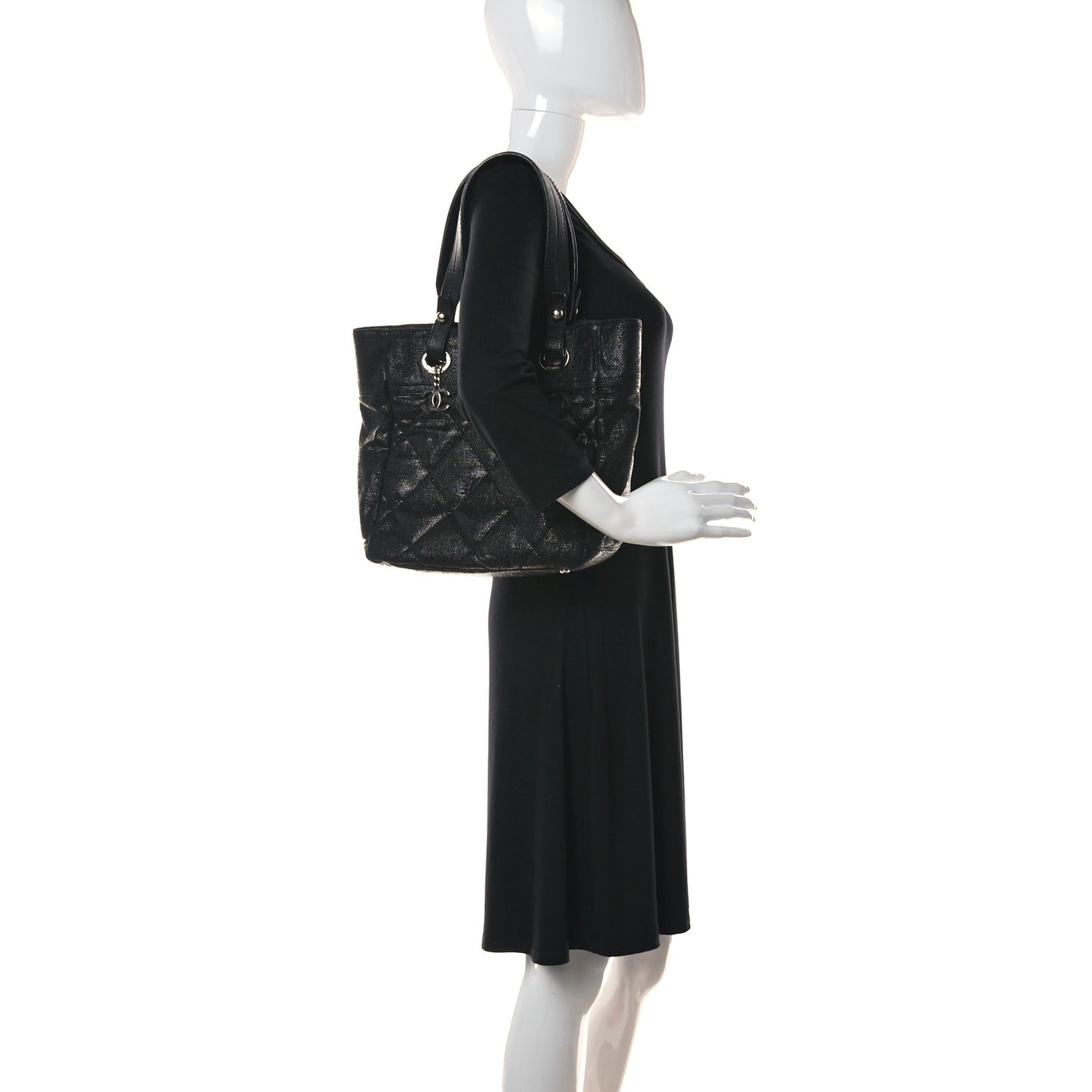 Metallic Coated Canvas Quilted Small Paris Biarritz Tote Black