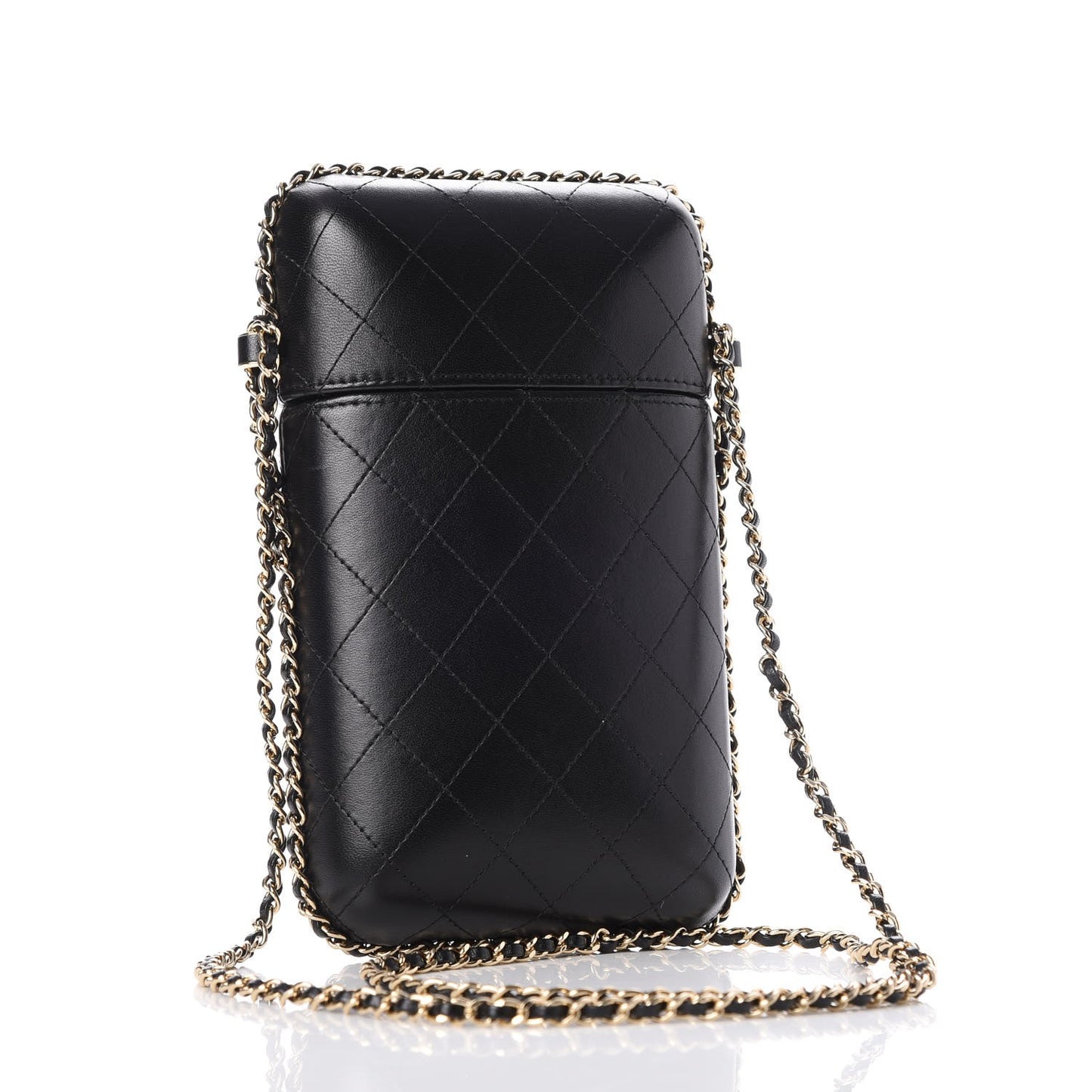 Lambskin Quilted Chain Around Phone Holder Black
