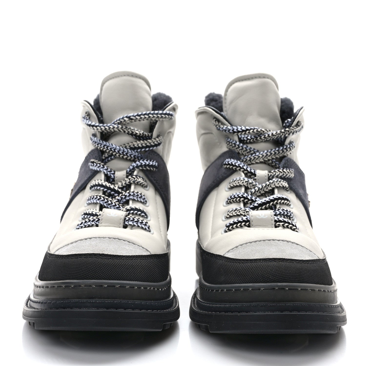 Chanel Lambskin Shearling Suede CC High Lace Up Boots 39 Grey Black 2 of 10