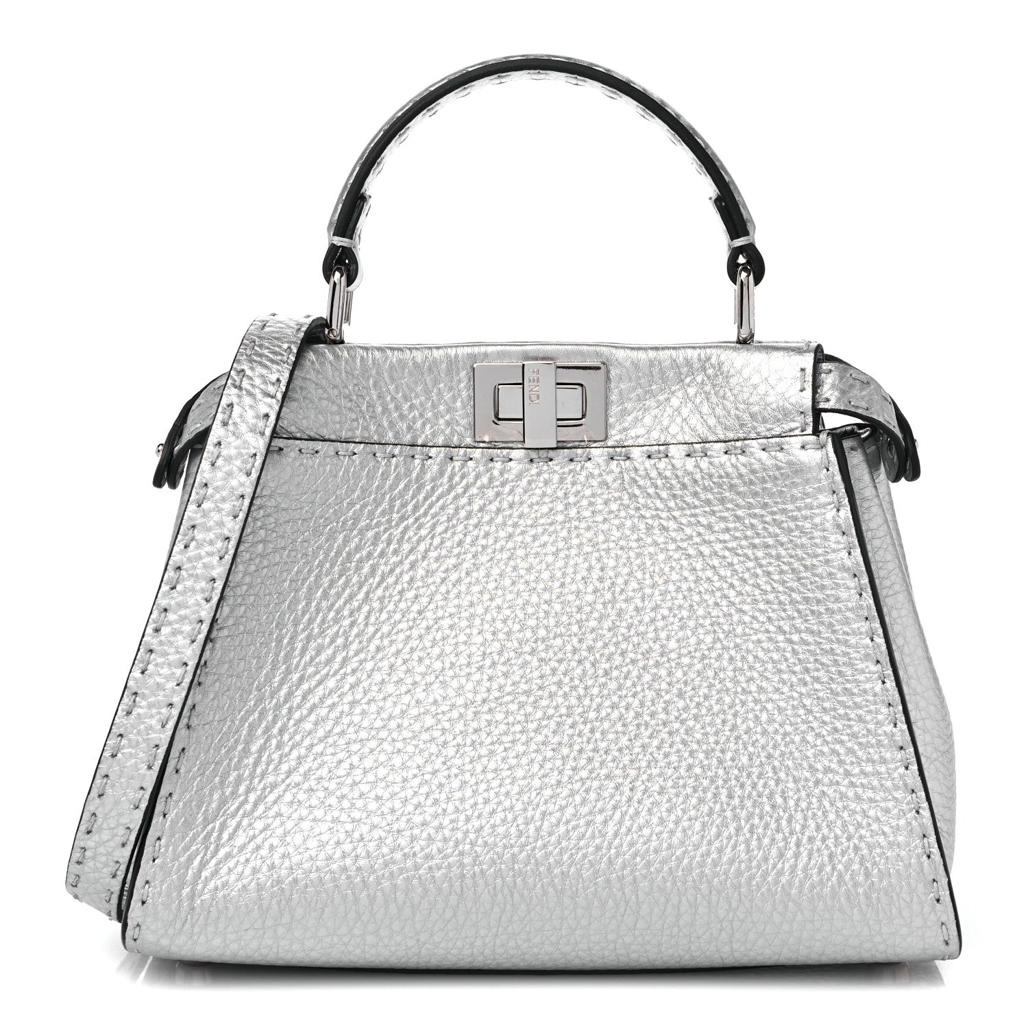 Fendi Cuoio Romano Lux Selleria Mini Peekaboo Iconic Satchel Argento 1 of 9