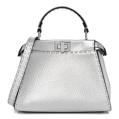 Fendi Cuoio Romano Lux Selleria Mini Peekaboo Iconic Satchel Argento 1 of 9