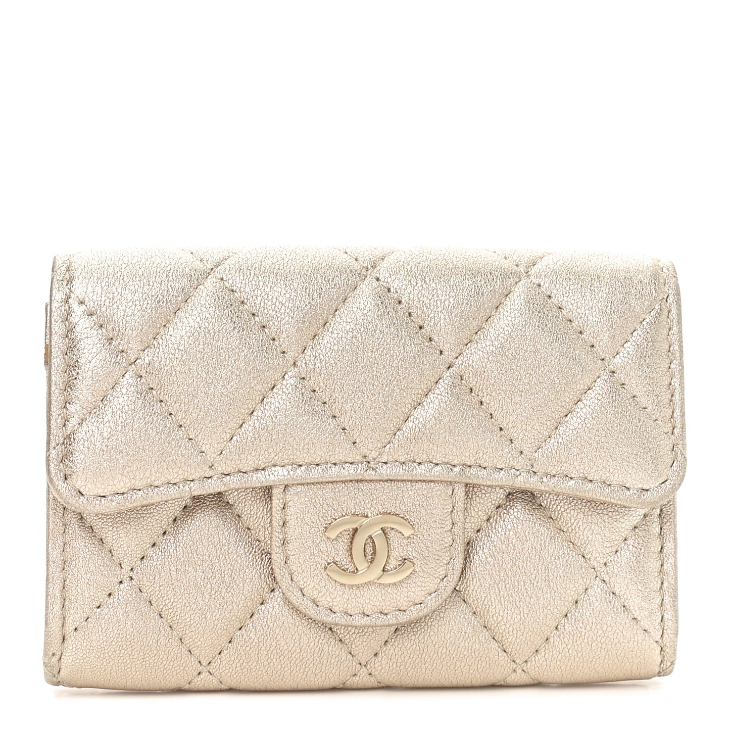 Metallic Lambskin Quilted Flap Card Holder Wallet Gold