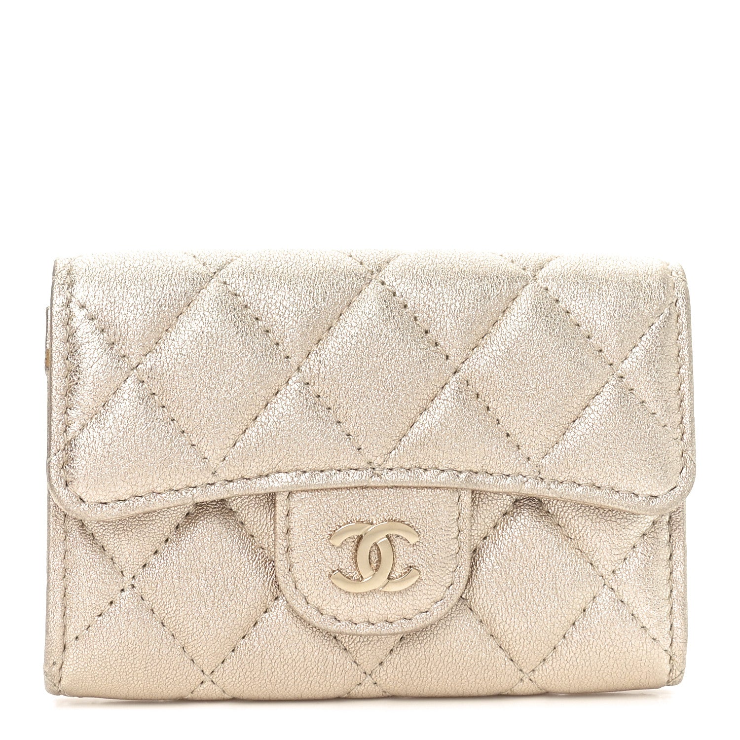 Chanel Metallic Lambskin Quilted Flap Card Holder Wallet Gold 1 of 8