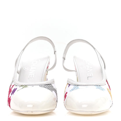 Chanel Cotton Guipure Patent Embroidered Floral Cap Toe CC Slingback Pumps 36 White Multicolor 5 of 16